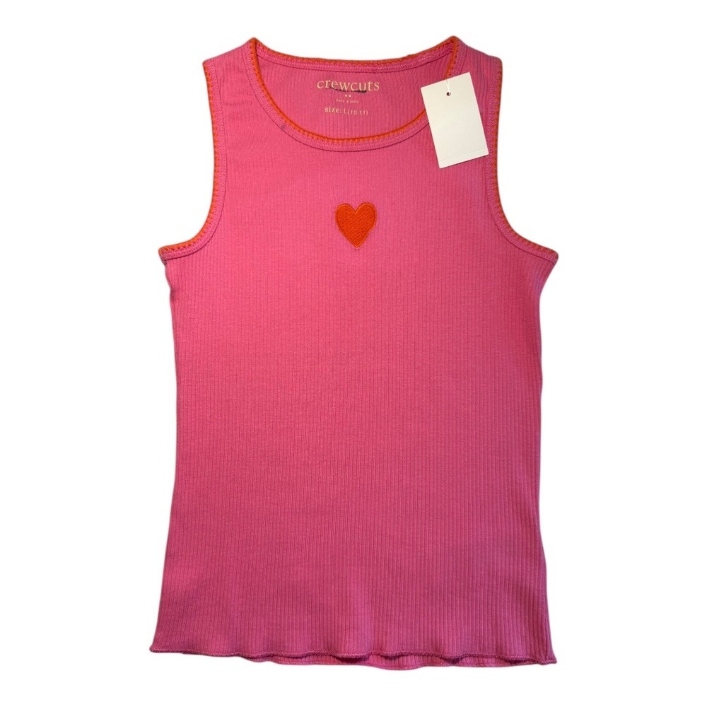 Crewcuts Pink Ribbed Tank Top Little Girls Size Large 10-11 Orange Heart Trim
